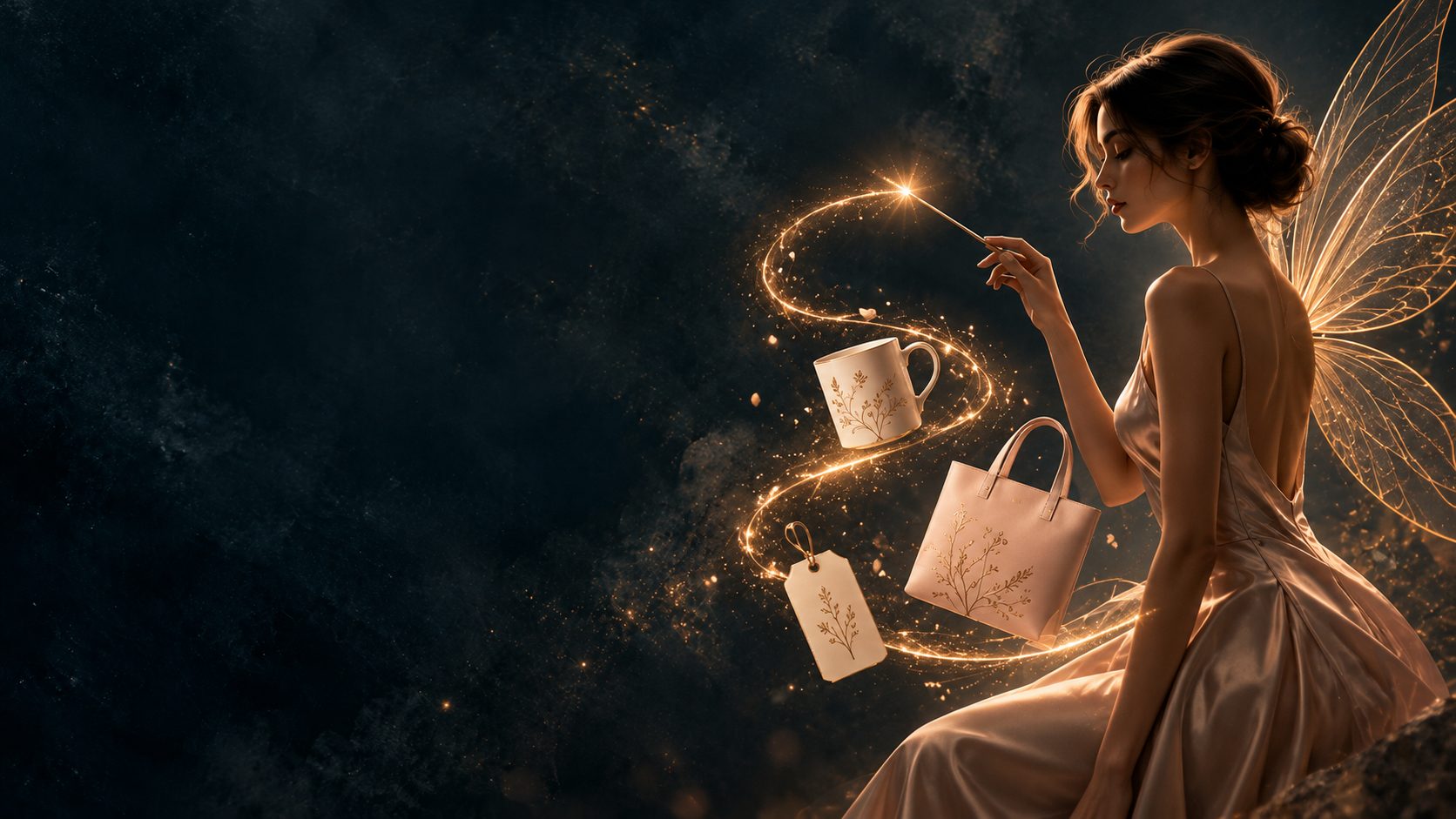 Une fée élégante fait naître d'un trait de lumière dorée une tasse, un sac et une étiquette personnalisés.